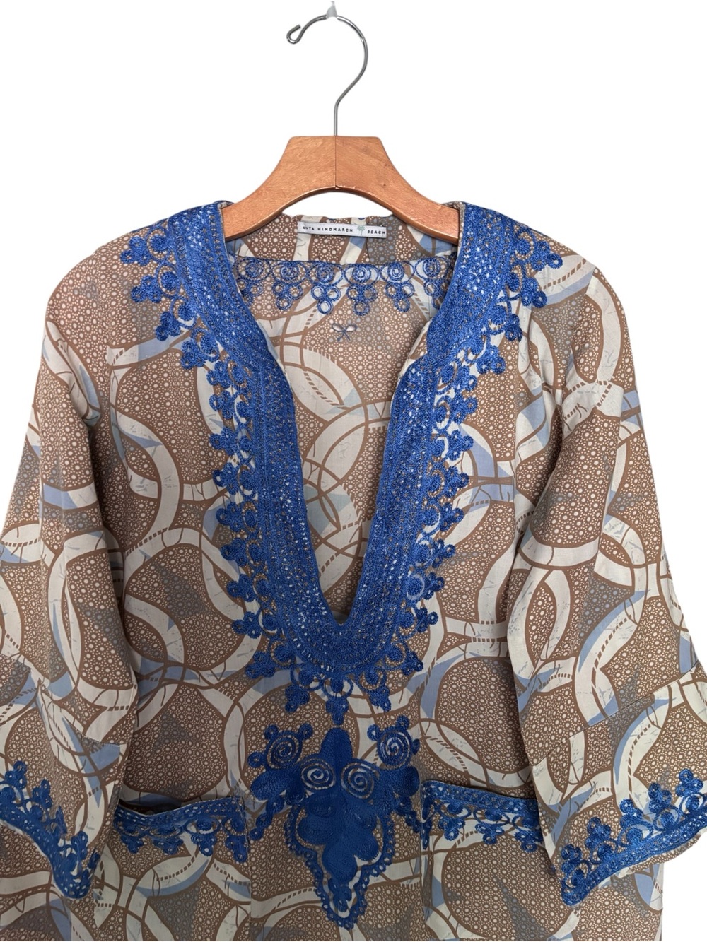 Anya Hindmarch Beach Embroidered Graphic Tunic Dress Blue & Taupe Coverup Boho M - Picture 3 of 8